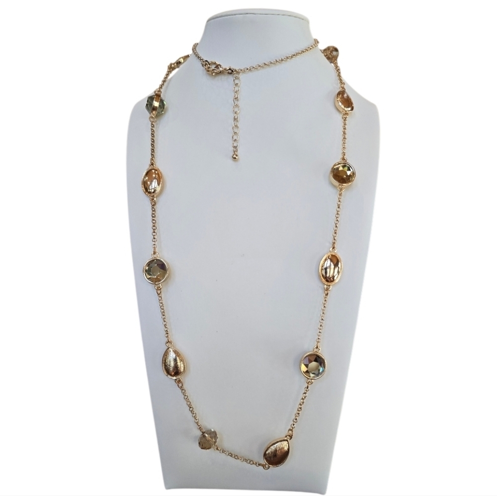 Goldtone Round Faceted Smokey Crystal Chain Link Necklace